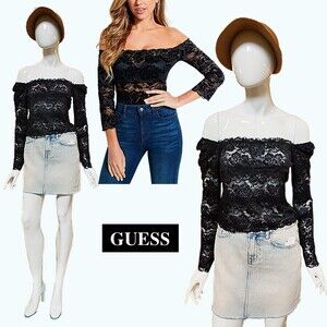 GUESS NEW Romantic Allover Lace Scallop Off-Shoulders Crop Top L